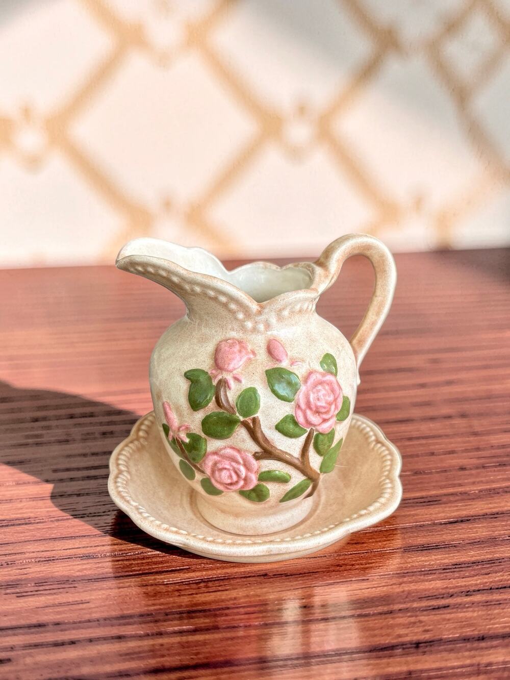 Vintage Ceramic Pitcher & Basin Pink Roses Raised Floral Cottagecore Decor